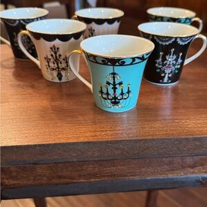 Elegant Chandelier Motif Porcelain Mugs - Blue, Black & White Set